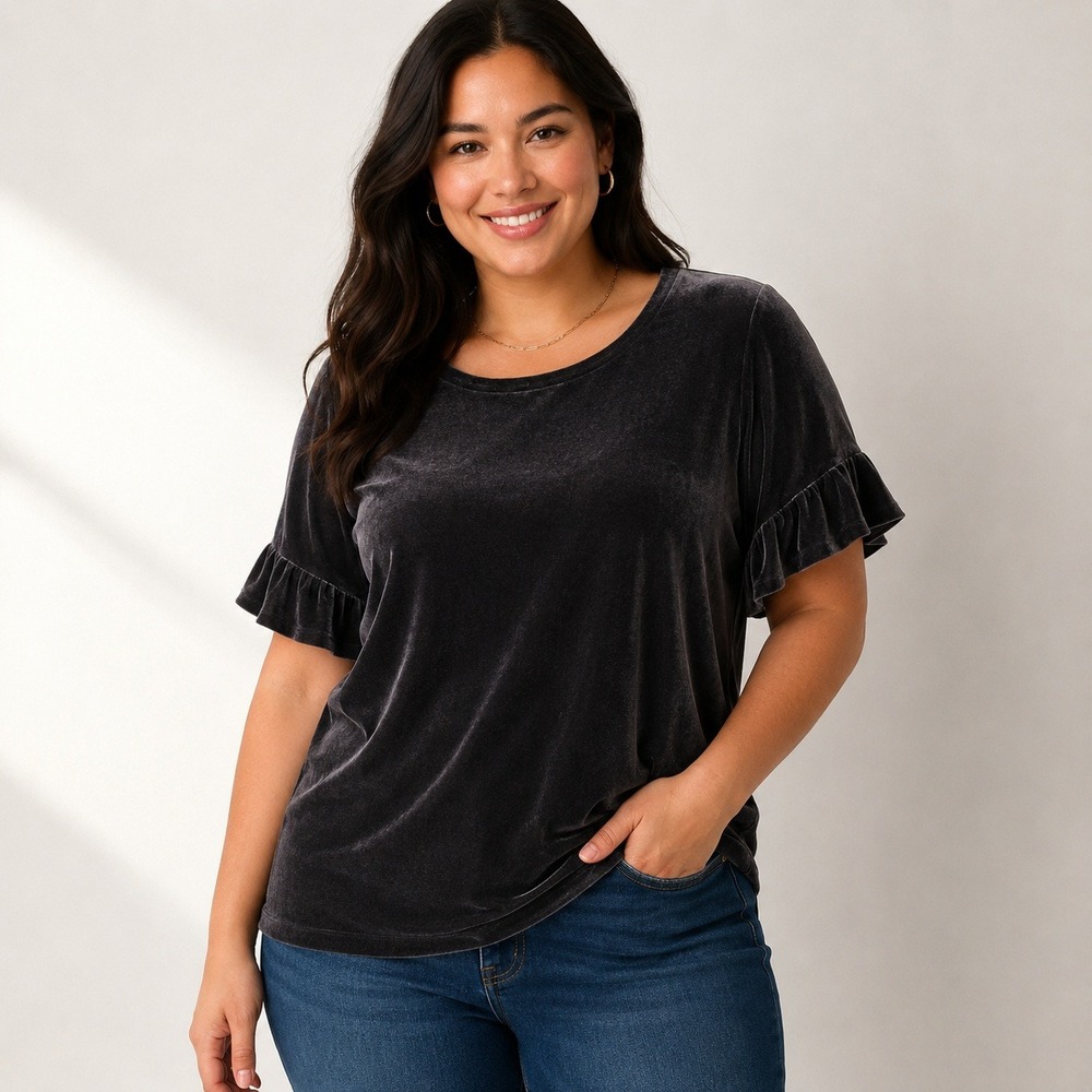 Old Navy‎ XL Gray Velvet Top Ruffle Sleeve Stretch Knit Party Holiday Whimsigoth